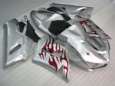 Carenagem Moto Kawasaki ZX6R 2005-2006 - Prata Vermelho Chamas